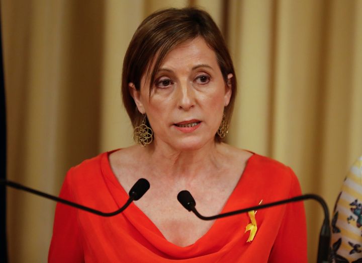 Speaker of the Catalan regional parliament Carme Forcadell delivers a statement in Barcelona on Saturday.