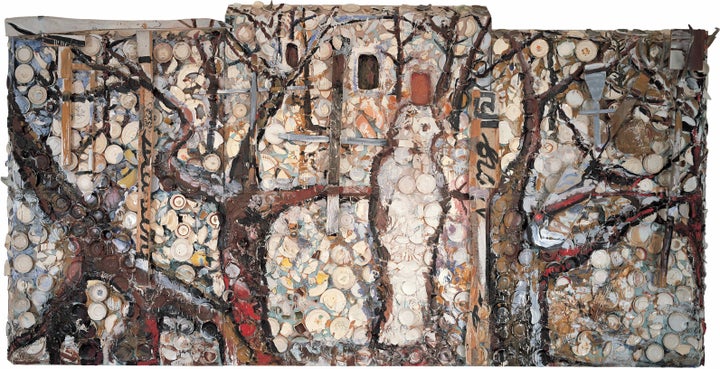 Julian Schnabel The Student of Prague, 1983 Oil, plates, branches, wood, screen mesh, bondo on wood116 x 234 inches (294.6 x 594.4 cm) (P83.0028)