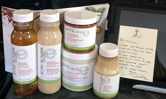 <p>Tabatha Coffey’s care package to me of Matrix Biolage products for curly hair</p>