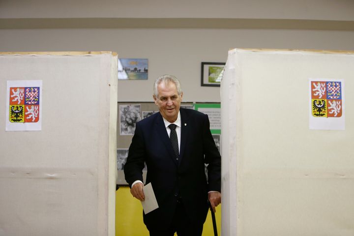 Czech President Milos Zeman casts his vote in parliamentary elections at a polling station in Prague on Oct. 20, 2017.