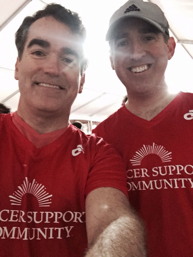 Three time Tony Award nominated actor and singer Brian d’Arcy James and his brother Andrew James after running the 2017