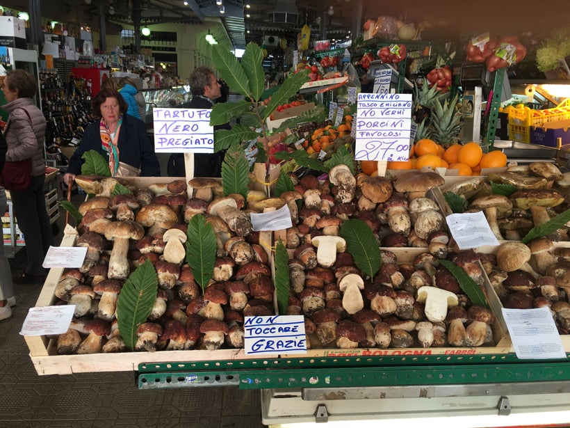 Abundant wild mushrooms - porcini - at Modena’s Albinelli market