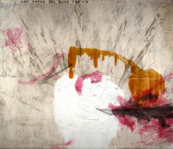 <p><strong>Julian Schnabel </strong><em>Untitled (Los Patos del Buen Retiro*)</em>, 1991 oil, resin, gesso, dirt on tarpaulin</p><p>*The Ducks of Retiro Park </p><p>186 x 216.5 inches (472.4 x 549.9 cm)</p><p>(P91.0041)</p>