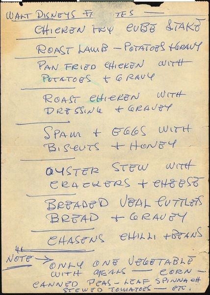 Walt Disney’s handwritten list for his cook of his favorite dishes