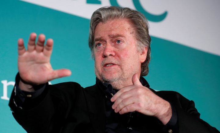 Former White House Chief Strategist Steve Bannon participates in a Hudson Institute conference called "Countering Violent Extremism: Qatar, Iran and the Muslim Brotherhood" on Monday in Washington.