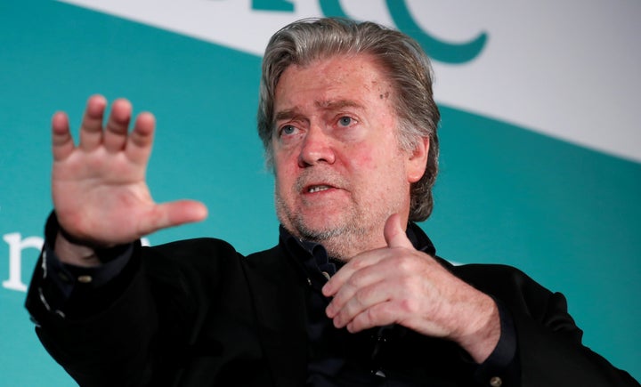 Former White House Chief Strategist Steve Bannon participates in a Hudson Institute conference called "Countering Violent Extremism: Qatar, Iran and the Muslim Brotherhood" on Monday in Washington.