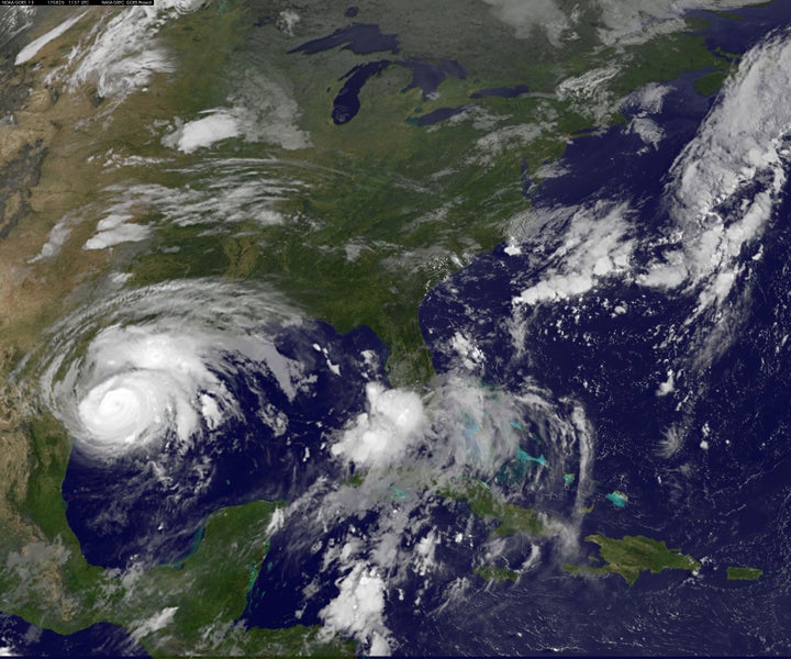 Hurricane Harvey, seen approaching the Texas coast in August. 
