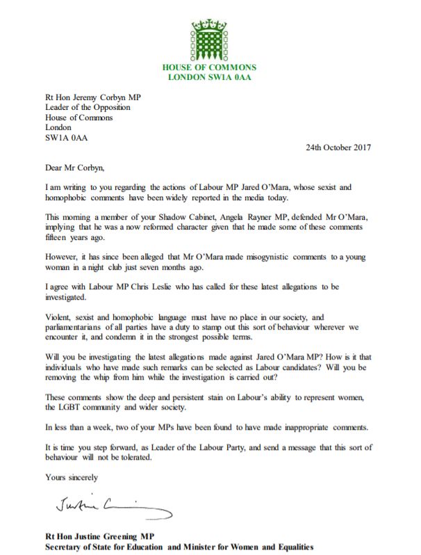 The full text of the letter from Justine Greening.