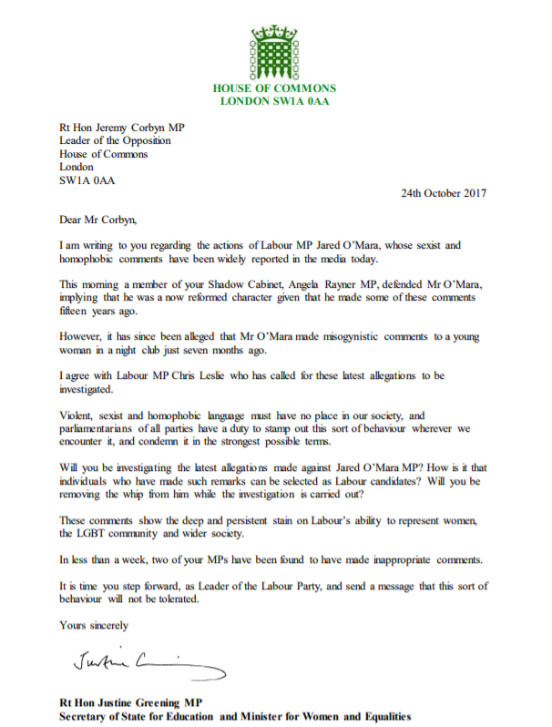 The full text of the letter from Justine Greening.