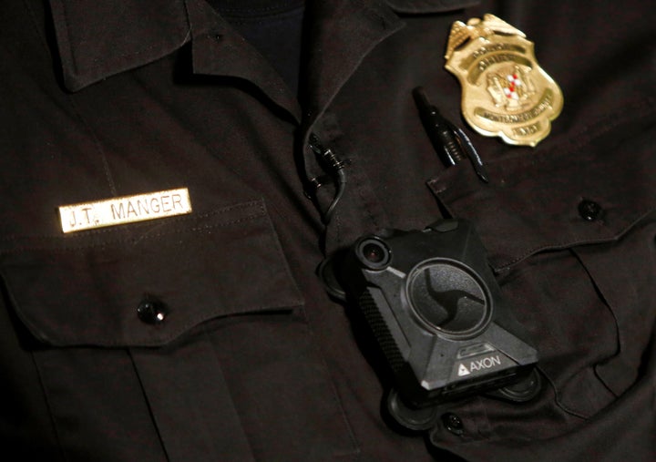 Montgomery County Police Chief J. Thomas Manger wears a body camera during an interview in Gaithersburg, Maryland, on Au