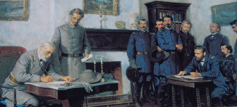 An historical representation of Lee and Grant at the surrender in Appomattox.