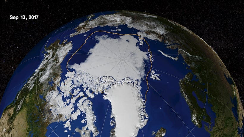 Arctic sea ice. Yellow line marks the 30-year avg. minimum sea ice computed from 1981-2010.