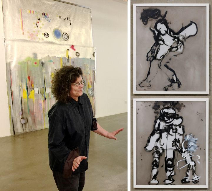 Left: Kim Dingle in front of work from her show YIPES at Susanne Vielmetter Los Angeles Projects. Photo by Edward Goldman. Right Top: Kim Dingle, PAINTING BLINDFOLDED (punt), 2017. Right Bottom: Kim Dingle. PAINTING BLINDFOLDED (your head is a mess), 2017. Photo credit: Jeff McLane. Images courtesy of the gallery. 