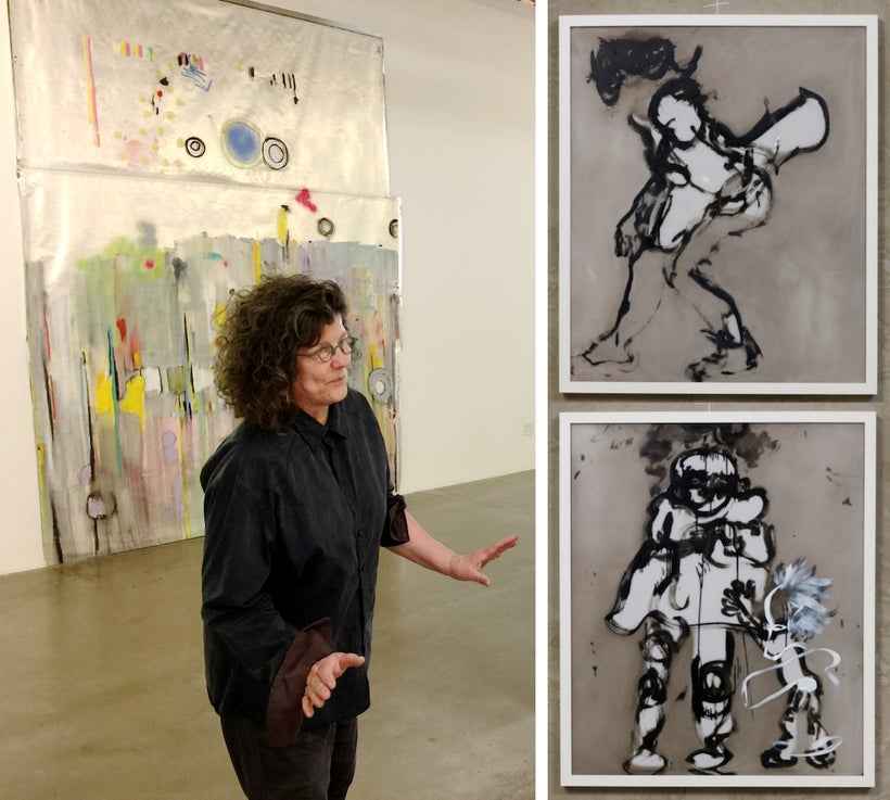 Left: Kim Dingle in front of work from her show <em>YIPES</em> at Susanne Vielmetter Los Angeles Projects. Photo by Edward Go