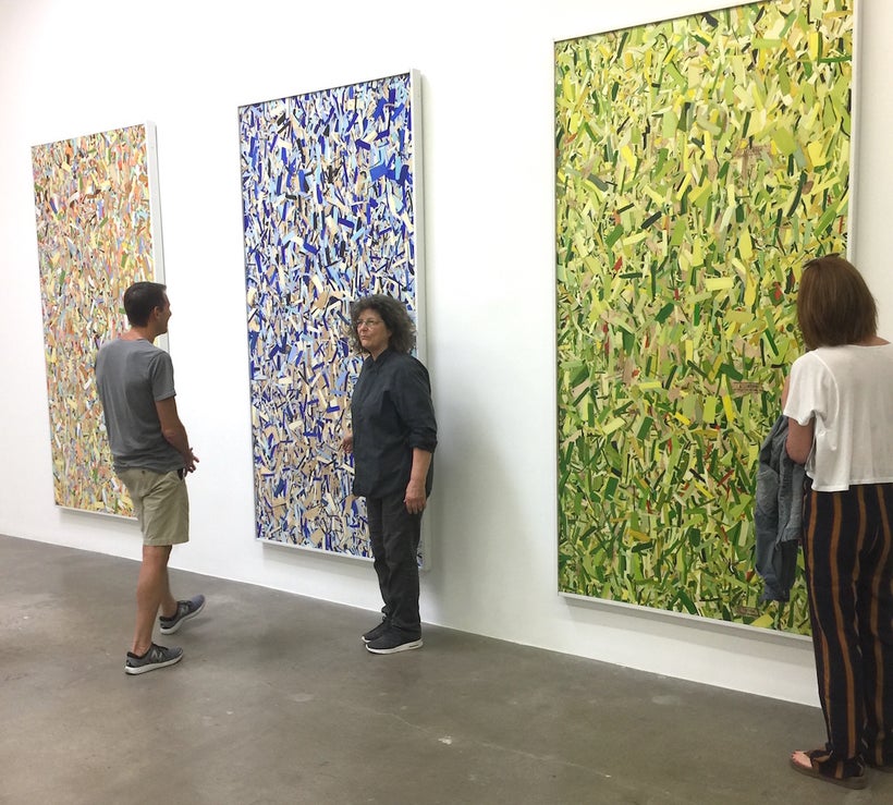 Kim Dingle in front of work from her show <em>YIPES </em>at Susanne Vielmetter Los Angeles Projects. Photo by Edward Goldman