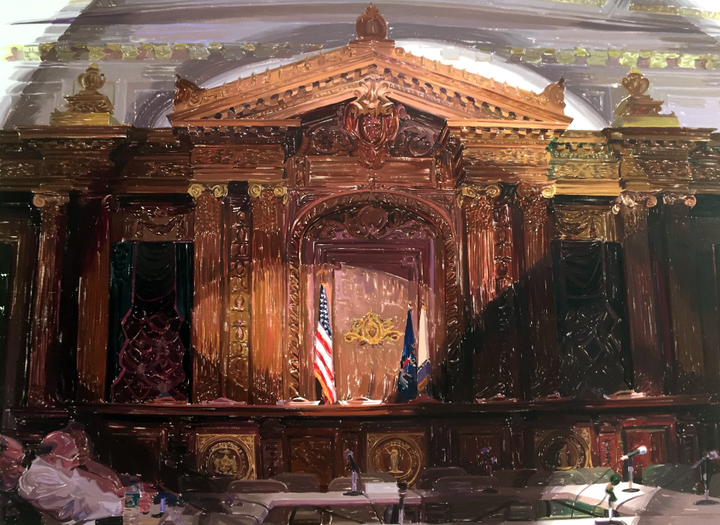 <p>Peter Krashes, Empty Mics, 2006, oil on linen, 63x84 inches</p>