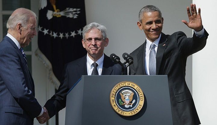 President Barack Obama and Vice President Joe Biden stand with Judge Merrick Garland, Obama’s pick to replace Antonin Scalia on the Supreme Court, at the White House in March of 2016. 