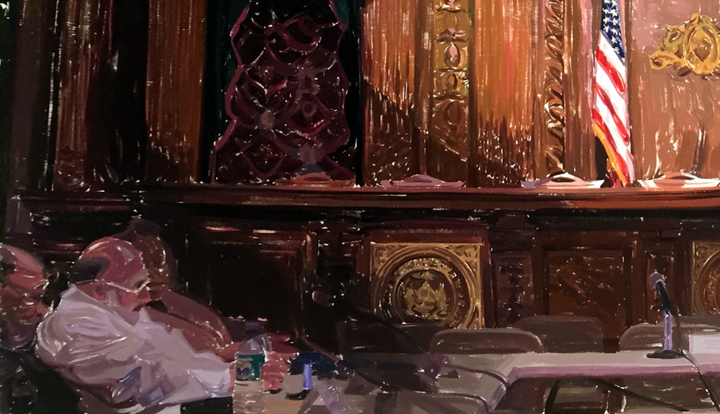 <p>Peter Krashes, Empty Mics, 2006, oil on linen, 63x84 inches</p>