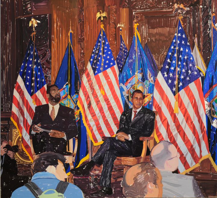Peter Krashes, Governor and Flags, gouache on paper, 56.5 x 63 inches