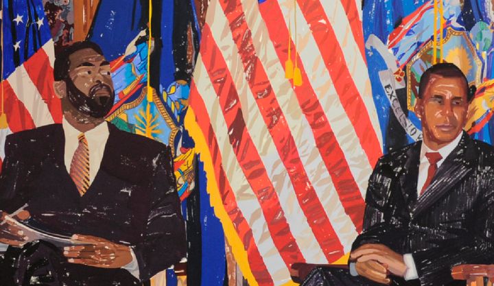 Peter Krashes, Governor and Flags, gouache on paper, 56.5 x 63 inches