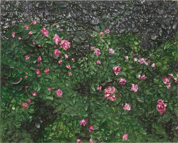 Julian Schnabel Rose Painting (Near Van Gogh's Grave*) X, 2016 Oil, plates and bondo on wood 96 x 120 inches (243.8 x 304.8 cm) (P16.0040) *Auvers-sur-Oise, France