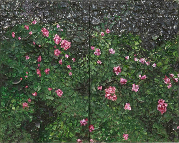 Julian Schnabel Rose Painting (Near Van Gogh's Grave*) X, 2016 Oil, plates and bondo on wood 96 x 120 inches (243.8 x 304.8 cm) (P16.0040) *Auvers-sur-Oise, France