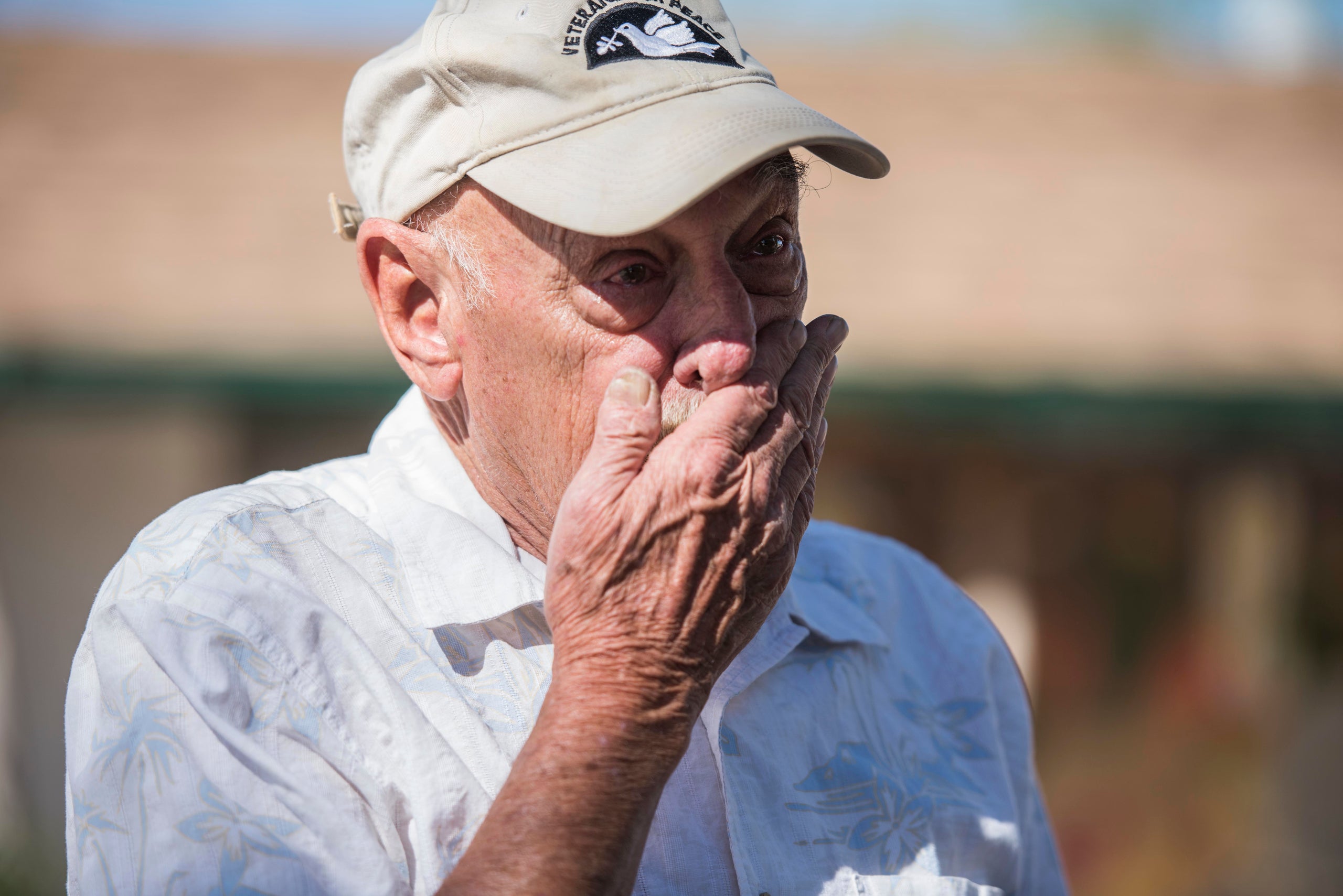 Dan Kelly, a 72-year-old Vietnam veteran, cries while explaining the humanitarian crisis on the border of the U.S. and M