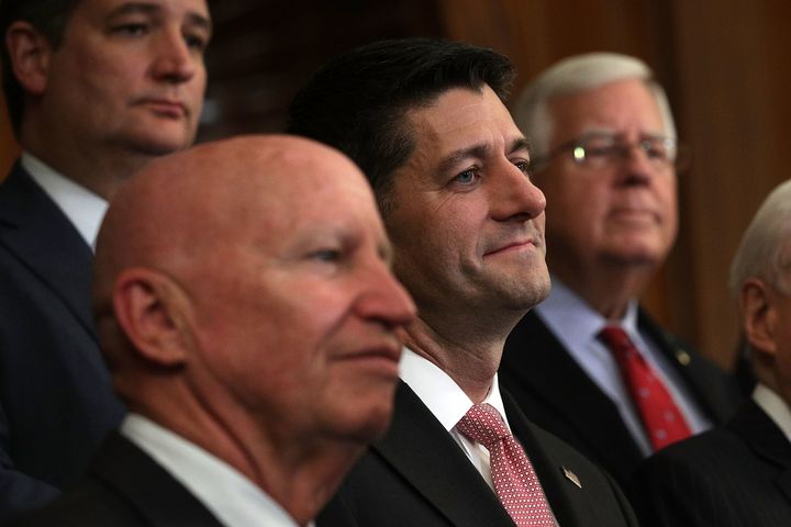 Sen.Ted Cruz (R-Texas), Rep. Kevin Brady (R-Texas), House Speaker Paul Ryan (R-Wis.) and Sen. Michael Enzi (R-Wy.) at a press event on tax reform on Sept. 27, 2017.