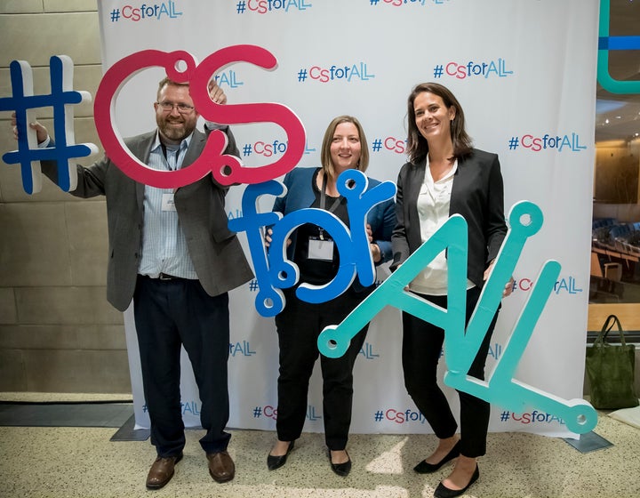 Josh Sheldon, Director of Programs for MIT App Inventor, Colleen Devery, Assistant Vice President, Strategic Initiatives and Administration for NAF, and Suzie Koonce, Community and Government Partnership Manager for Lenovo celebrating the Lenovo Scholars Network at the CSforALL Summit 10/17/17.