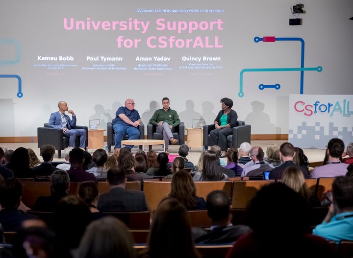 Dr. Kamau Bobb, Georgia Institute of Technology, Dr. Paul Tymann, Rochester Institute of Technology, and Dr. Aman Yadav, Michigan State University discuss university support for CSforALL with Dr. Quincy Brown of the American Association for the Advancement of Science