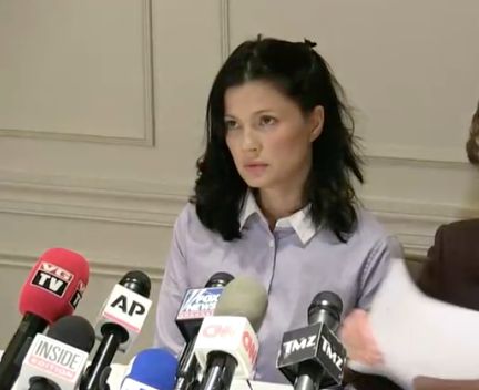Actress and model Natassia Malthe speaks out against Harvery Weinstein during a news conference on Wednesday.