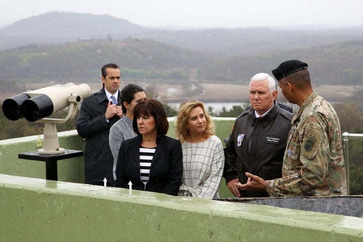 Vice President Mike Pence looks across to the north side of the border at the truce village of Panmunjom in the Demilitarized Zone (DMZ) in Paju, South Korea, in April.