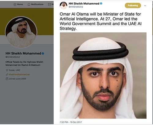 <p><em>Screen shot of tweet about UAE AI minister</em></p>