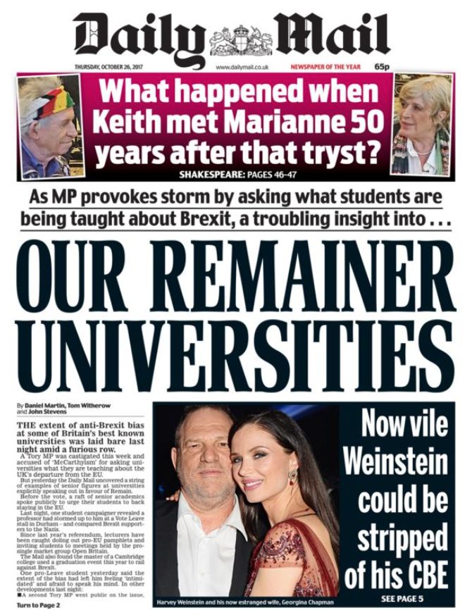 The Daily Mail launched a cutting attack on 'Remainer universities' on today's front page 