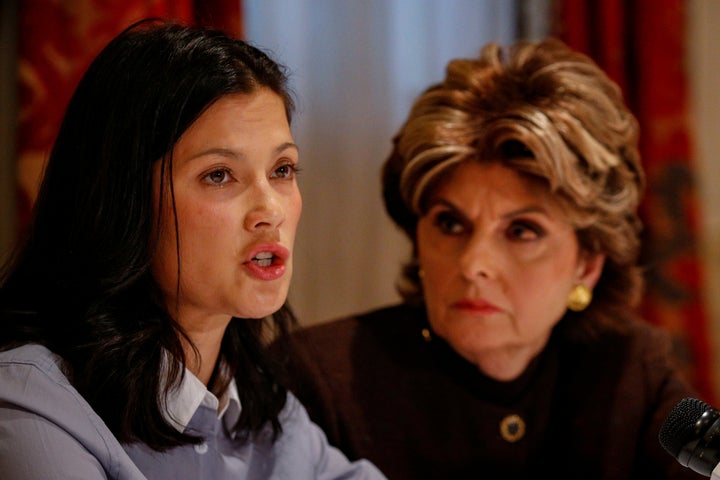 Natassia Malthe, with lawyer Gloria Allred during a news conference in New York City