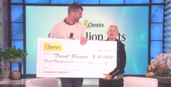 Trent Bauer receives $10,000 from Ellen and Cheerios.