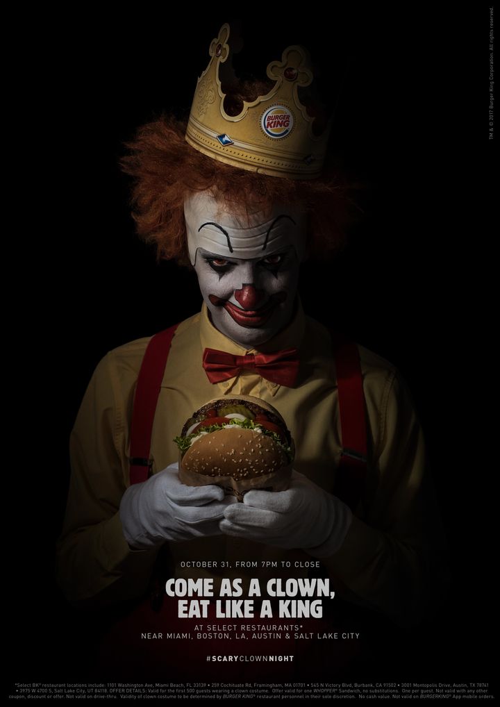 Select Burger King restaurants will hand out free Whopper sandwiches to up to 2,500 people dressed like clowns this Halloween.
