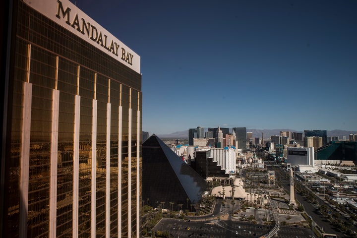 A view of the Mandalay Bay Resort and Casino, overlooking the Las Vegas Strip after a mass shooting at a music concert October 3, 2017 in Las Vegas, Nevada. 