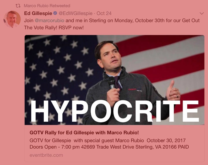 <p>Marco Rubio will campaign for Ed Gillespie, Virginia’s Republican candidate for Governor, who has recycled Trump’s anti-immigrant playbook.</p>