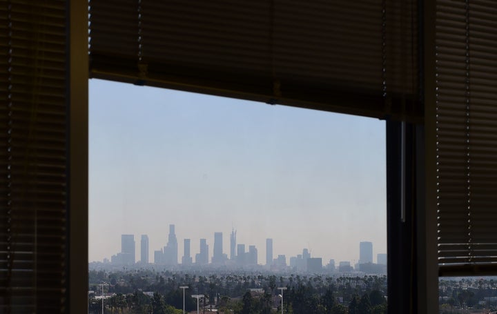 A window view of the downtown Los Angeles skyline as seen from an office building in Hollywood, California.