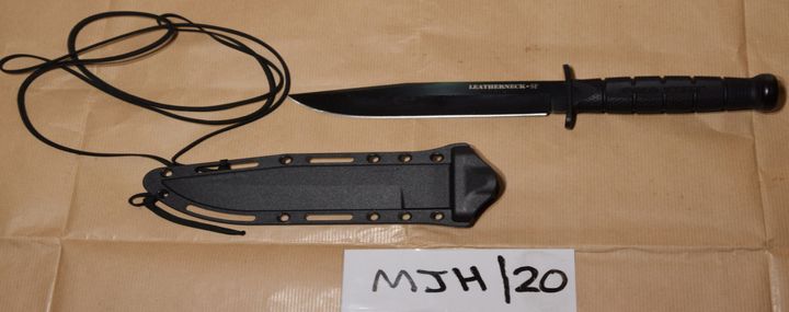 A knife presented as evidence in the terrorism trial of Madihah Taheer and Ummariyat Mirza at Woolwich Crown Court