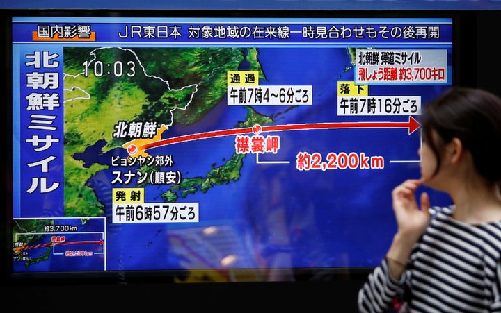 A TV screen in Tokyo shows news about North Korea's missile launch over Japan on Sept. 15, 2017.