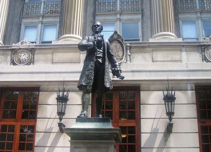 Alexander Hamilton’s statue adorns Hamilton Lawn at the founder’s alma mater, Columbia University. The “Little Lion” penned <