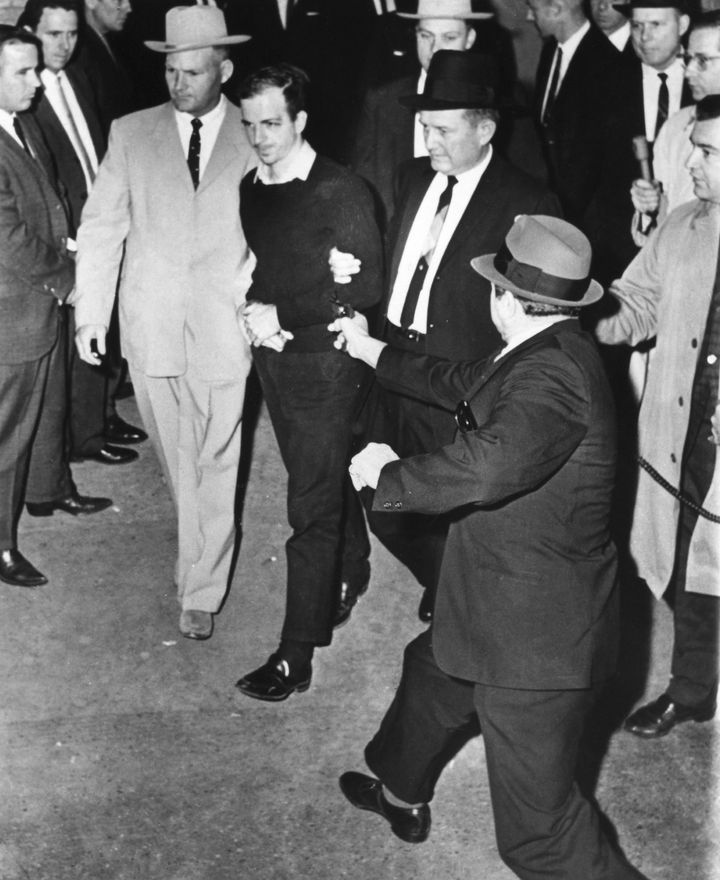 The fatal shooting of Lee Harvey Oswald by nightclub owner Jack Ruby at the Dallas Police headquarters 