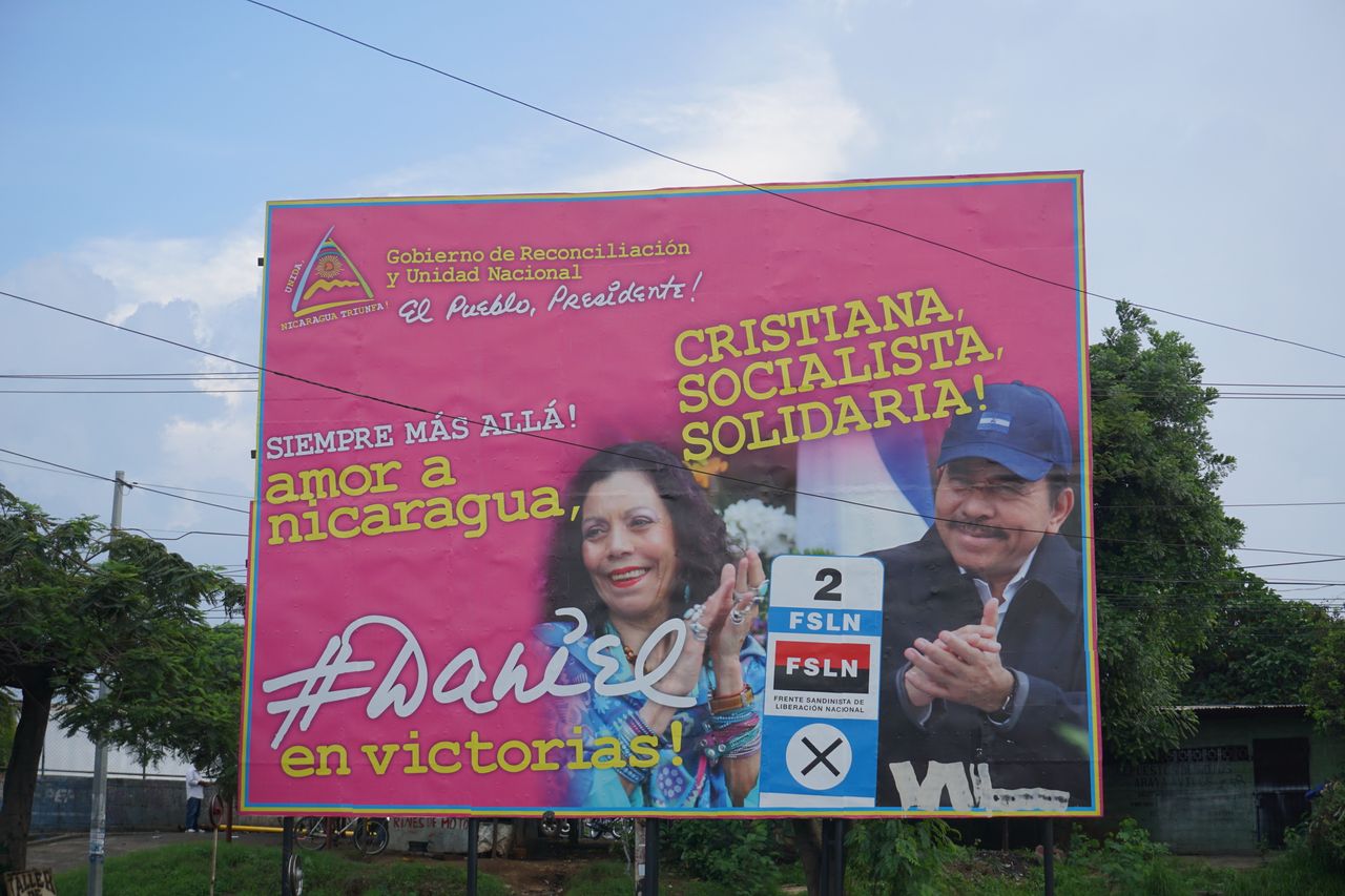 A sign near the German Nicaraguan Hospital in Managua bears President Daniel Ortega's slogan: "Christian, Socialist, Solidarity!"