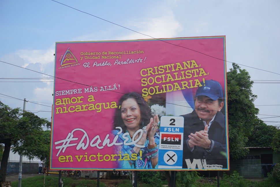 A sign near the German Nicaraguan Hospital in Managua bears President Daniel Ortega's slogan: "Christian, Socialist, Solidari