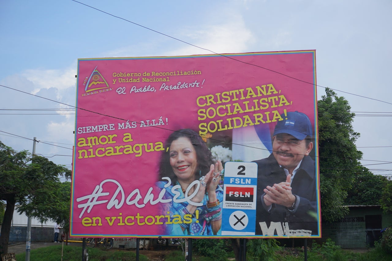 A sign near the German Nicaraguan Hospital in Managua bears President Daniel Ortega's slogan: "Christian, Socialist, Solidarity!"
