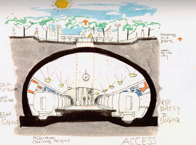 Harry Weese, concept sketch for the Washington Metro, July, 1966. 