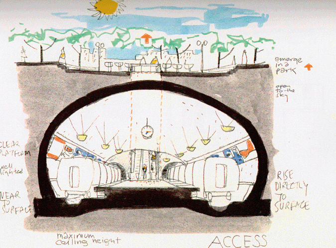 <p>Harry Weese, concept sketch for the Washington Metro, July, 1966. </p>