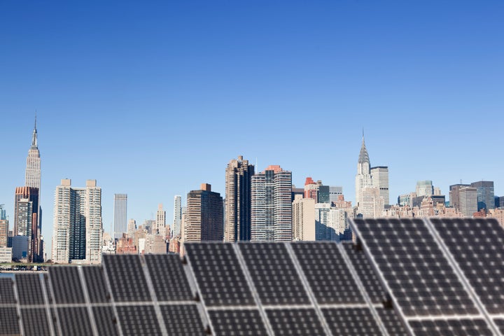 A rooftop solar installation across the East River from midtown Manhattan.